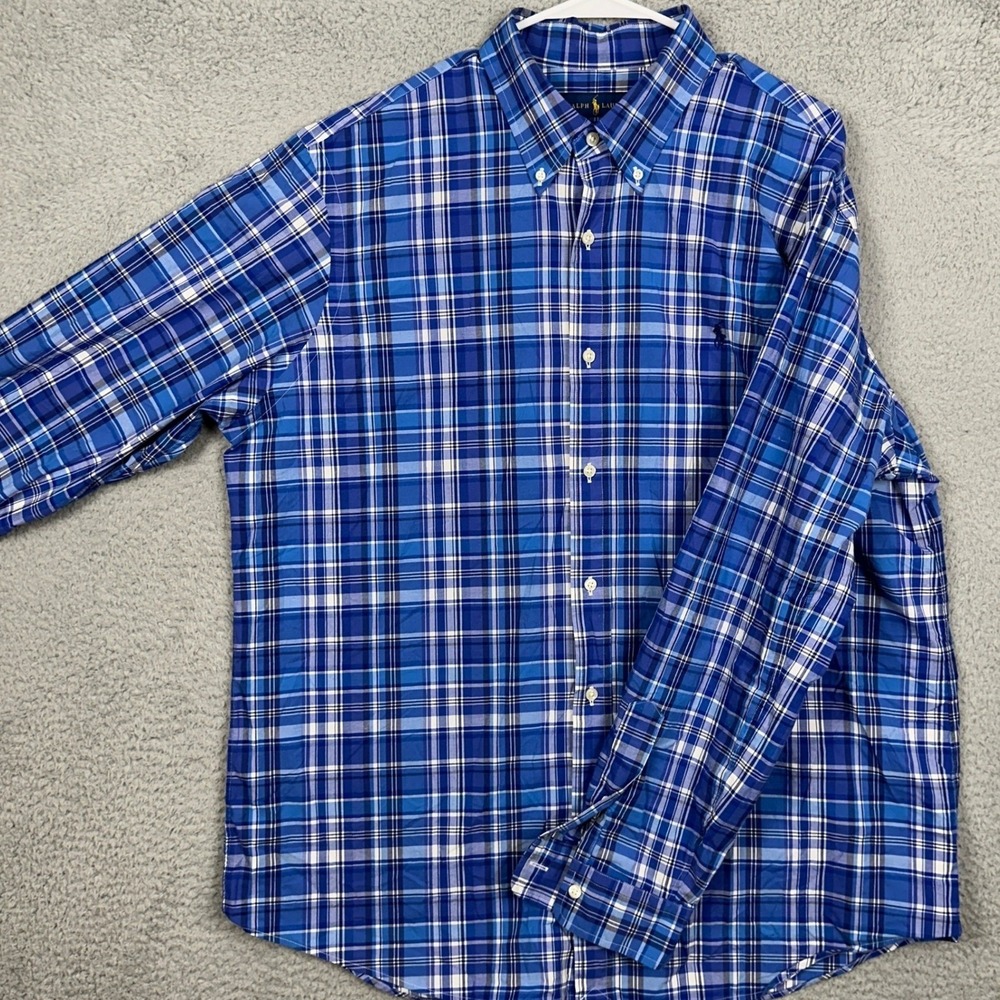 Ralph Lauren Shirt Mens 17.5 XL Blue Dress Classic Fit Tartan Plaid Stretch Pony